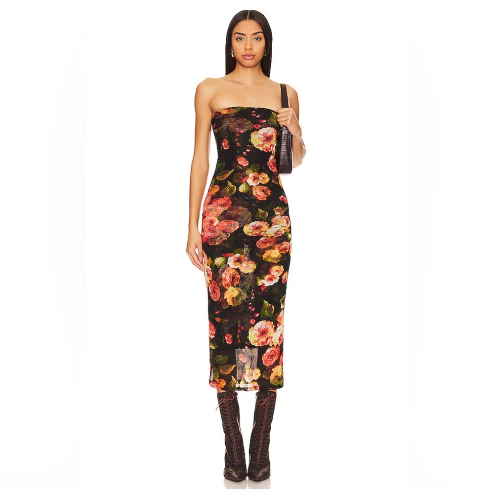 superdown Black Floral Strapless Maxi Dress